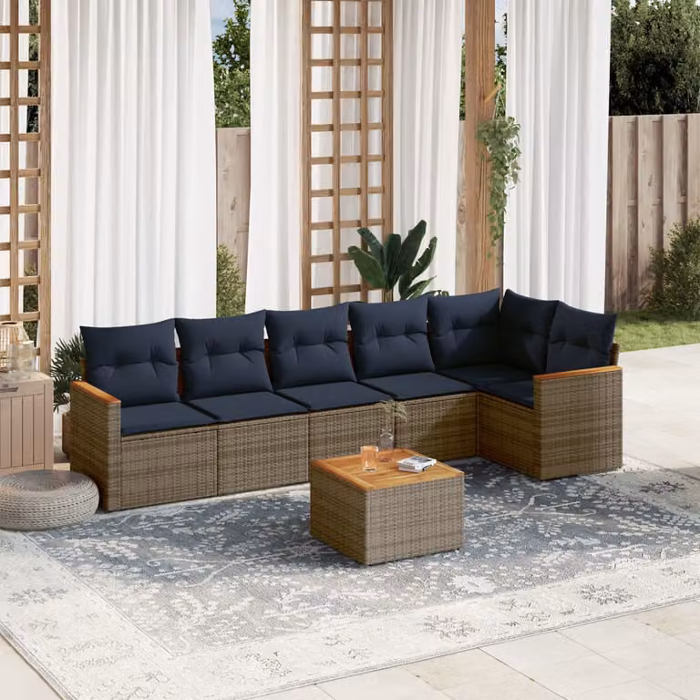 Set di divani da giardino vidaXL in polyrattan e legno di acacia oliato con cuscini, 7 pezzi, grigio e blu