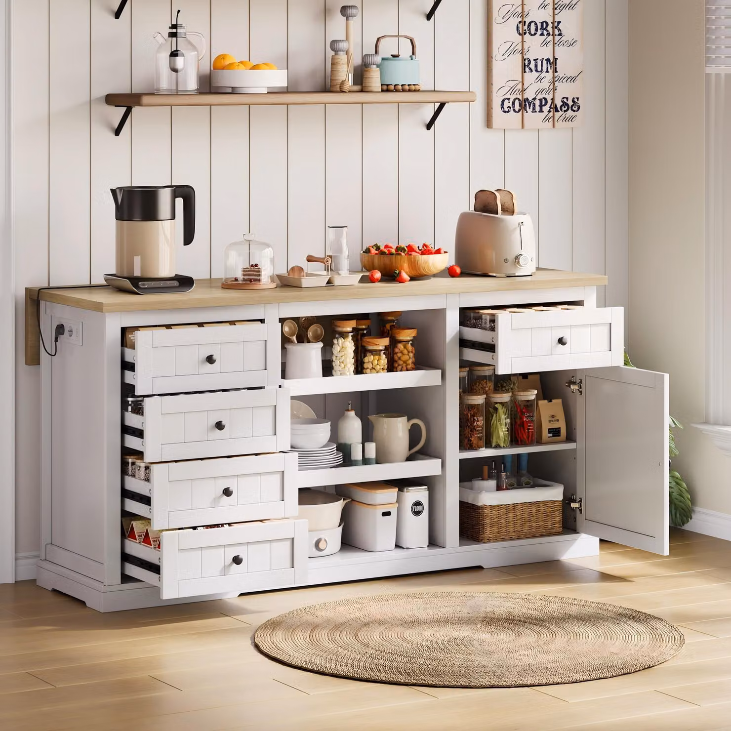 okwish Isola da cucina Mobile da cucina con 5 cassetti e 2 piastre estraibili, Mobile bar Credenza con piastra estraibile e cassetti integrati, Bianco