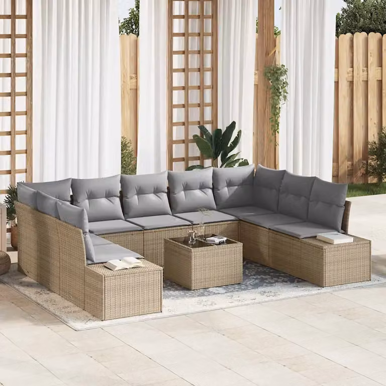 Set Divano da Giardino vidaXL a forma a U in Polyrattan Beige con Cuscini e Tavolino da Esterno