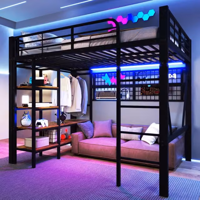 Letto a soppalco in metallo con rete appendi, LED e scala, 140x200 cm, nero