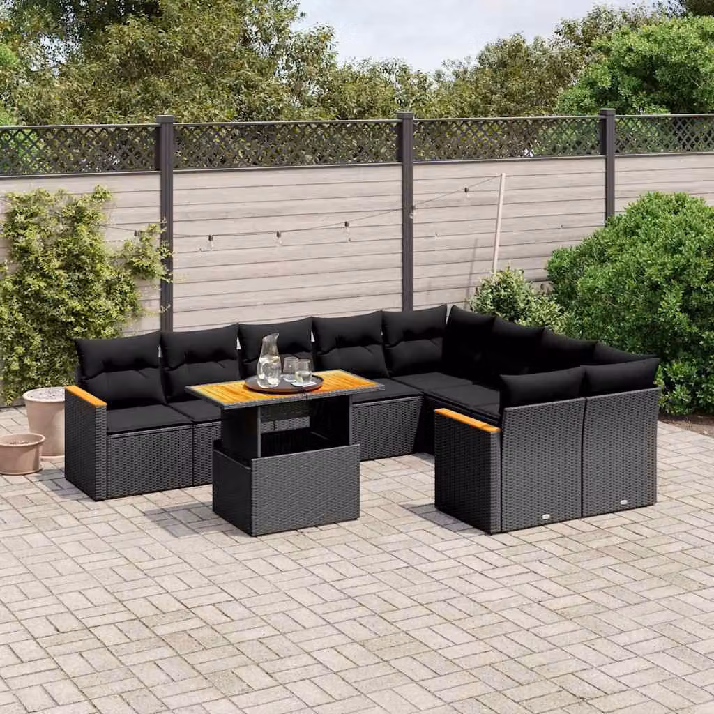 Set di Divani da Giardino vidaXL 10 Pezzi in Polyrattan Nero con Cuscini e Tavolino da Esterno a Forma di L – 1