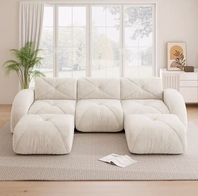 Divano modulare senza telaio in ciniglia beige chiaro; 281 × 171 × 76 cm