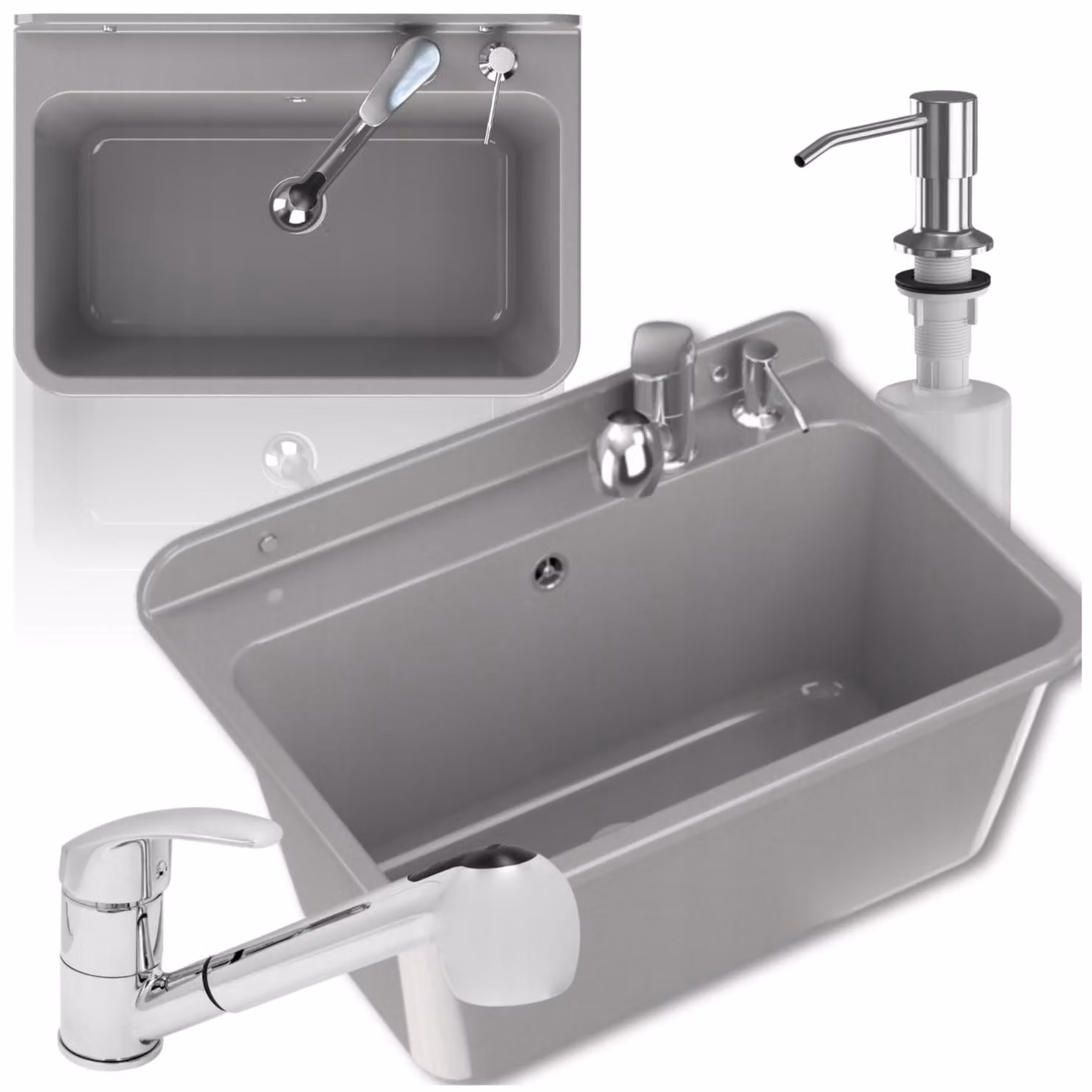 Granitan - Lavabo - Lavello - 61x41x30 cm - Grigio - con rubinetto HAND e sifone - Lavello - LARGE