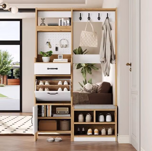 Mobile ingresso multifunzione con scarpiera; panca e appendiabiti 108;5 x 35 x 180 cm; bianco e naturale