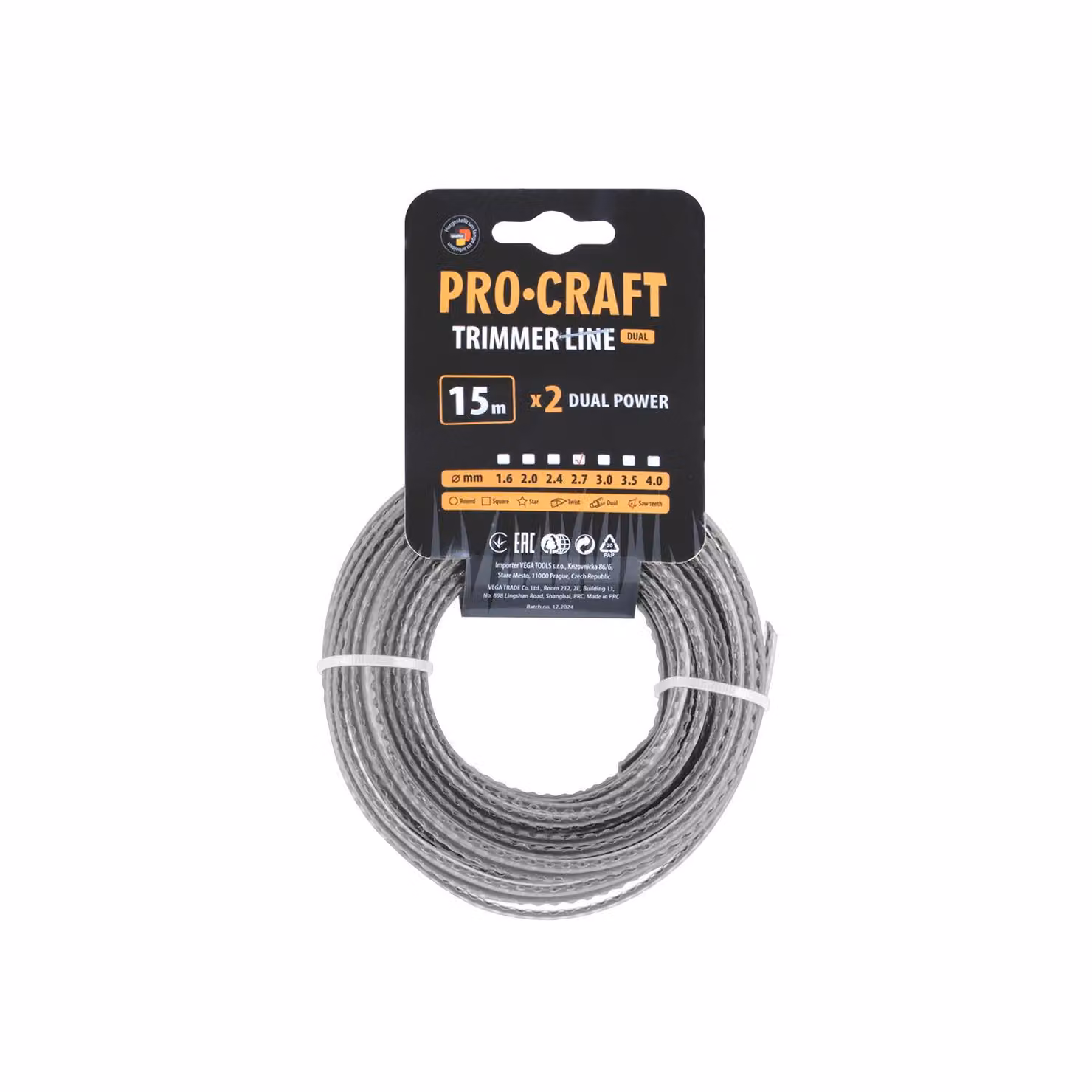 Filo per decespugliatore (2,7 mm) (rinforzato) (15 metri), dentato, marca PROCRAFT, modello KD/J-2.7/15
