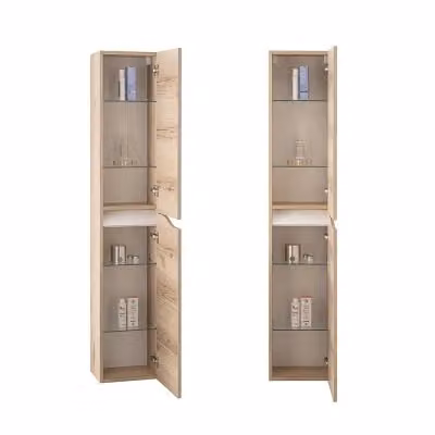 Colonna bagno sospesa Sumya in finitura quercia e bianco con ante soft-close e ripiani interni, Altezza: 160 cm – 2