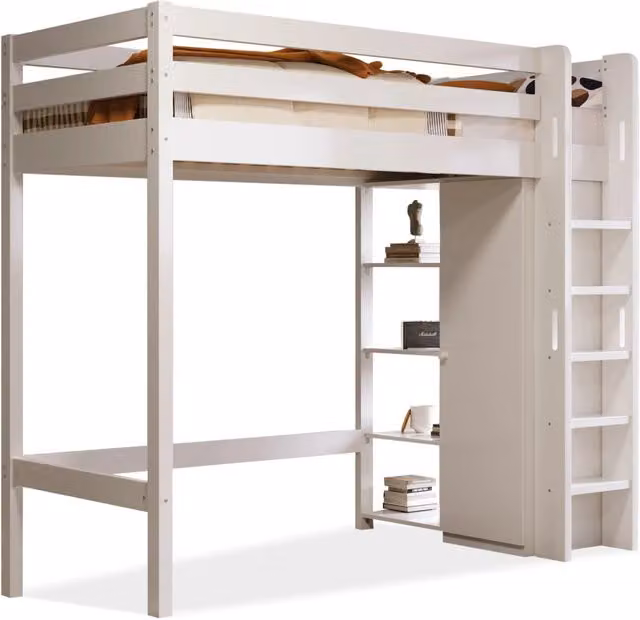 Letto a soppalco per bambini con armadio e 6 ripiani in legno e MDF, bianco, L/P/H: 200 x 90 x 208 cm