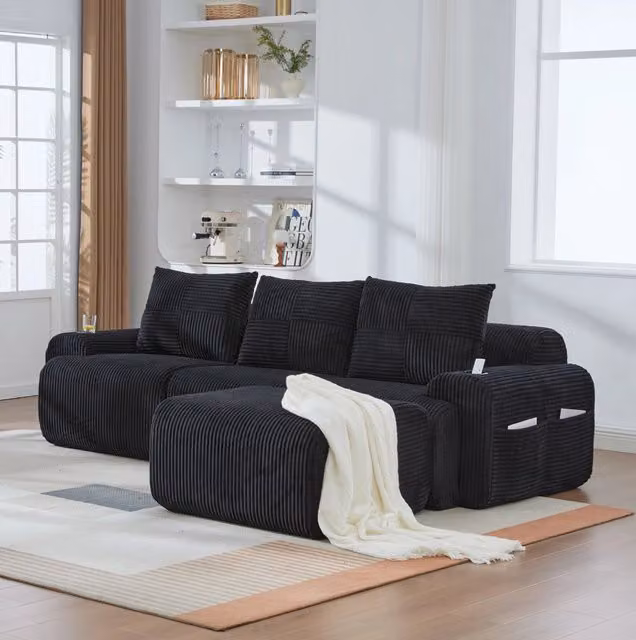 Divano modulare 3 posti ULEVR 268x174x80 cm con portabevande e tasca laterale, velluto a coste nero