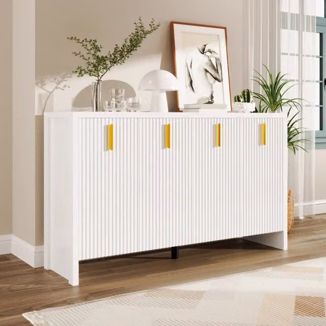 Madia REDOM moderna in MDF bianca e oro per soggiorno o sala da pranzo L: 140 cm, P: 38 cm, H: 80 cm