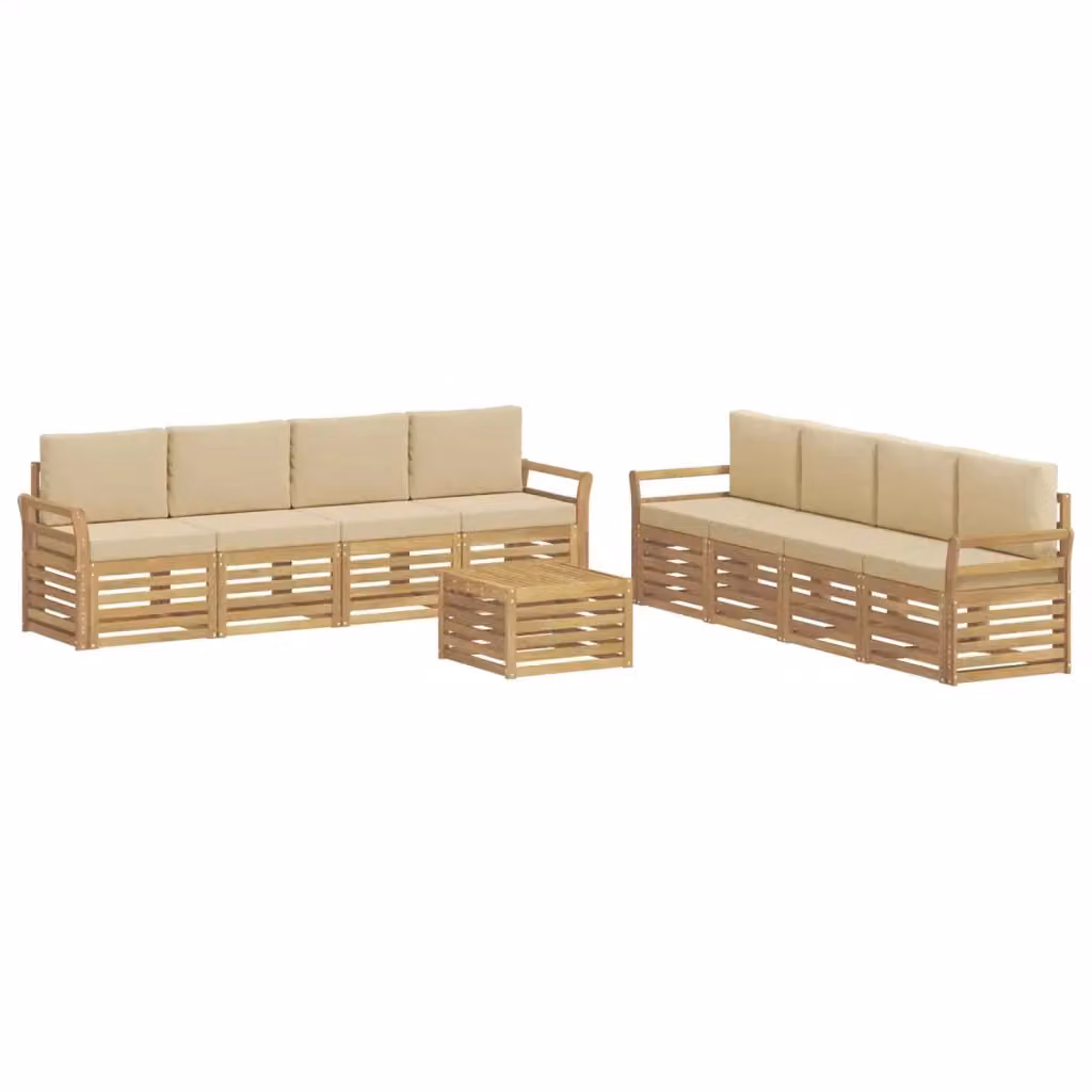 Set di mobili da giardino vidaXL composto da divano a 3 posti, poltrone e tavolino da caffè in legno di acacia con cuscini bianchi e beige – 2