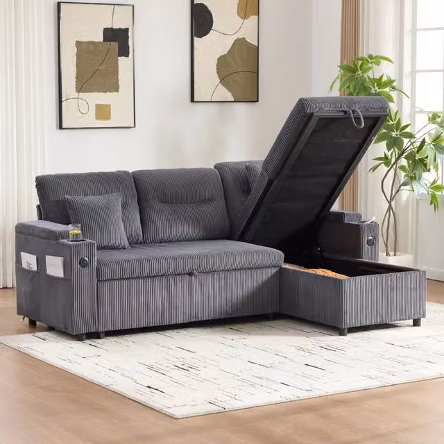 Divano letto ULEVR 3 posti 212,5x136x86 cm con chaise longue contenitore, USB-C e portabevande, velluto a coste grigio antracite