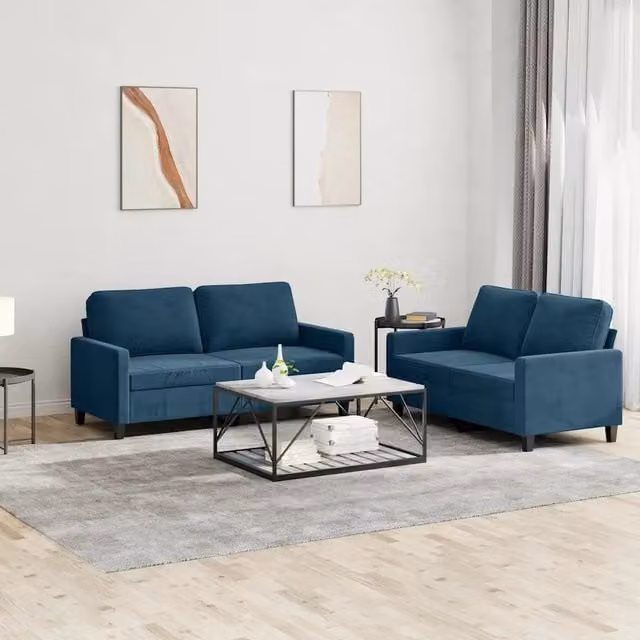 Set di 2 divani moderni vidaXL in velluto blu con cuscini e struttura in metallo e MDF – 1
