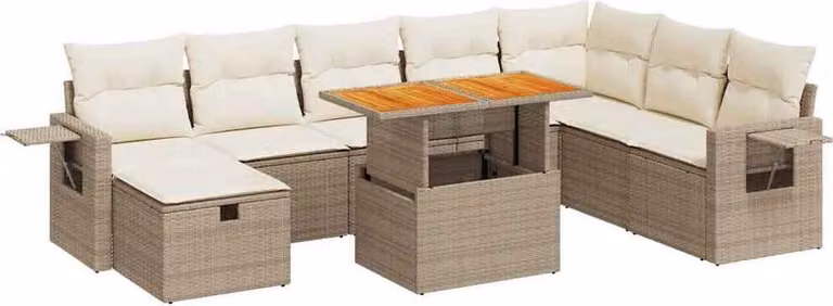 Set Divano da Giardino 9 pz con Cuscini Beige Polyrattan Acacia