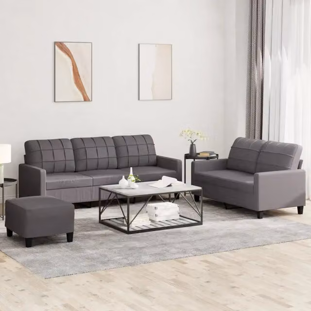 vidaXL Set di Divani 3 pz con Pouf in Similpelle Grigio per Soggiorno Moderno