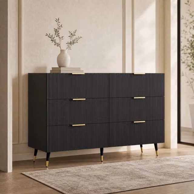 Sideboard 120x77x40 cm con 6 cassetti; pannello truciolare; nero e oro