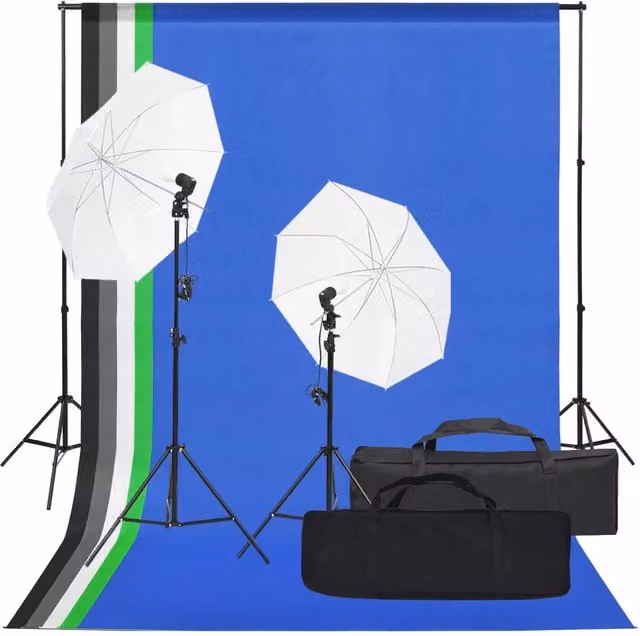 Kit per studio fotografico professionale con illuminazione LED regolabile e fondale in tessuto nero e bianco