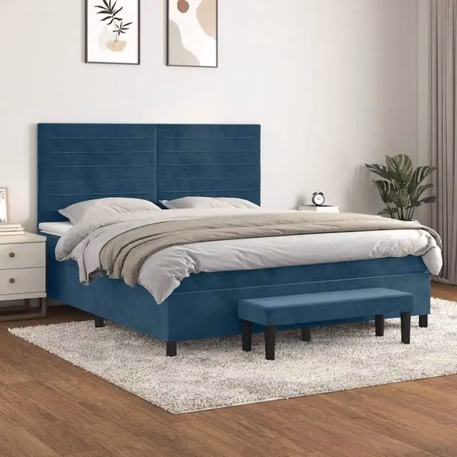 Letto Ibrido con Giroletto a Molle e Materasso vidaXL in Velluto Blu e Bianco L/P/H: 160 x 200 x 128 cm