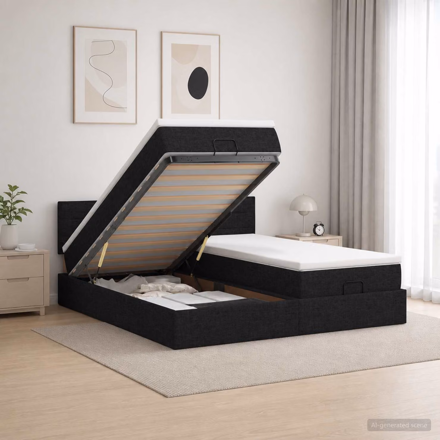 Letto ottomano con materasso e testiera vidaXL in tessuto nero, L/P/H: 180 x 200 x 88 cm