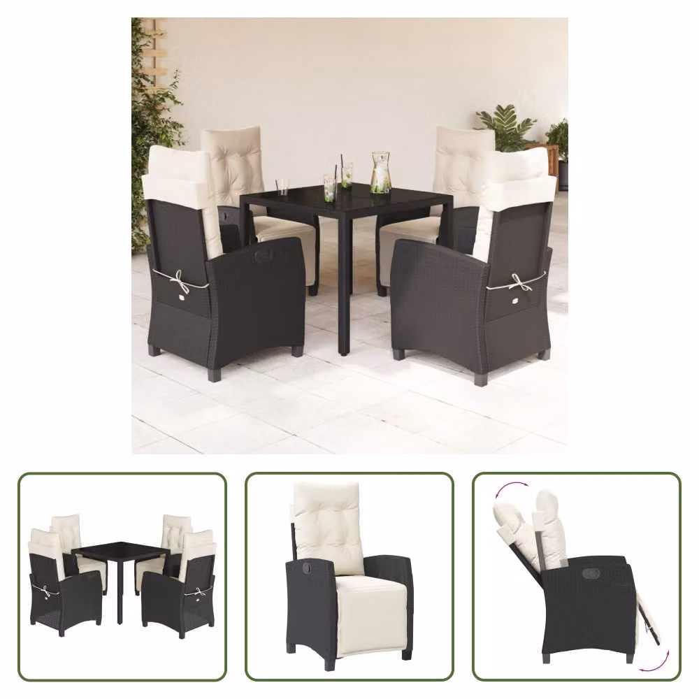The Living Store Set da pranzo da giardino 5 pezzi con cuscini in poly rattan nero