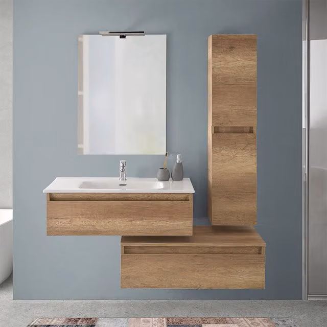 Mobile bagno sospeso Inbagno Nadia in rovere naturale con lavabo e pensile, L: 90 cm, P: 46 cm, H: 125 cm