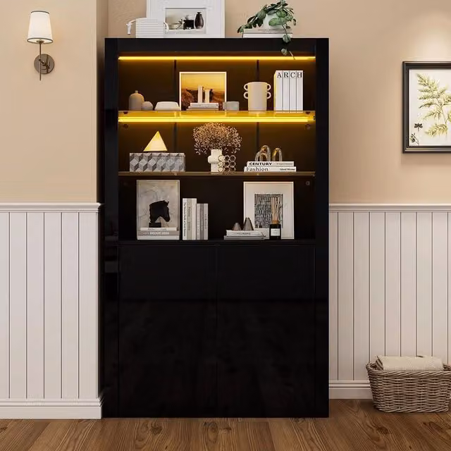 Credenza Vetrina 100x35x170cm - Xylo - Luci LED e Ripiani in Vetro, Colore Nero