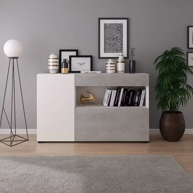 Madia Carbonia DMORA Credenza con un Cassetto Bianco e Grigio L: 130 cm, P: 41 cm, H: 82 cm