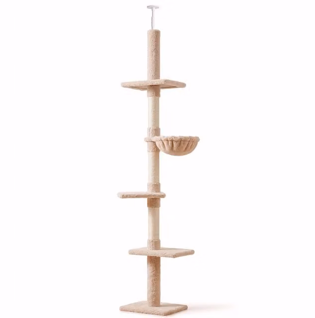 Albero Tiragraffi Multilivello PawHut con Amaca e Corda in Sisal, Altezza Regolabile, Beige, L 40 cm x P 34 cm x H 230-260 cm – 1