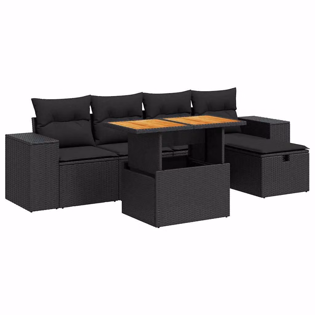 Set Divano da Giardino 6 pz con Cuscini Nero Polyrattan Acacia