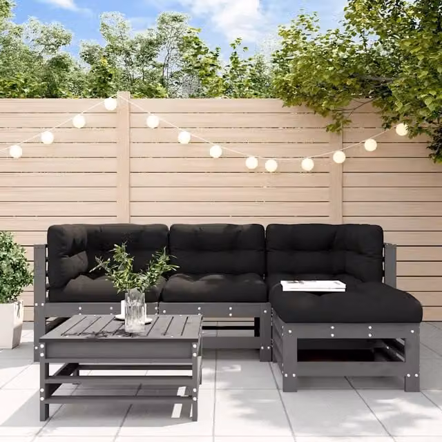 Set di Divani da Giardino a L con vidaXL, 5 Pezzi in Legno Massello di Pino Trattato con Cuscini Grigio e Nero
