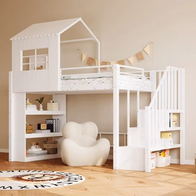 Letto a soppalco singolo 90 × 200 cm con scaletta contenitore e ripiano integrato, senza materasso, bianco