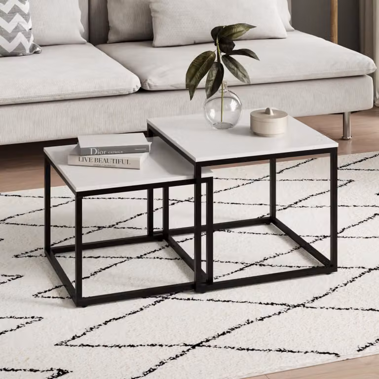 Set di 2 tavolini da salotto in legno, tavolino da salotto moderno, quadrato, bianco, per soggiorno