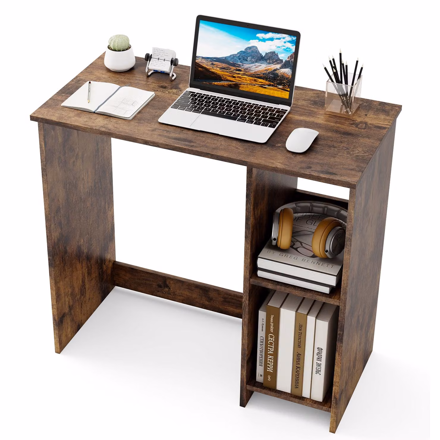 COSTWAY 80 x 40 x 74 cm Piccola scrivania, scrivania in legno per computer con 2 scomparti, tavolo per PC, tavolo da ufficio per piccole stanze, per casa e ufficio, marrone
