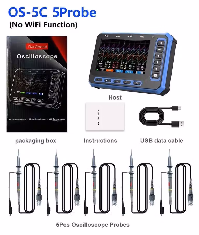 Oscilloscopio digitale - OS-5C, 5 sonde - Larghezza di banda 1 MHz - 5 sonde di misura - Display IPS da 10,9 cm - Batteria agli ioni di litio da 2000 mAh, removibile - Per test di elettronica