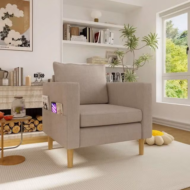 Poltrona relax imbottita Minimal in velluto grigio stile nordico con cuscino e tasca portaoggetti – 1