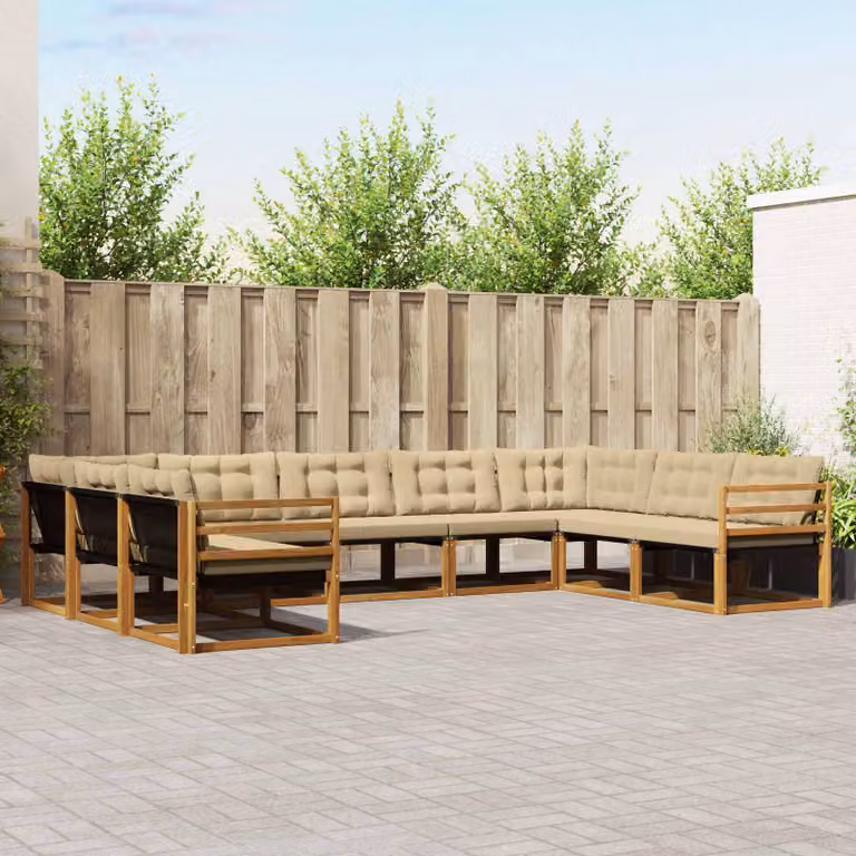 Set di divani da esterno vidaXL a forma di U composto da 9 pezzi in legno di acacia e tessuto textilene, colore marrone e beige