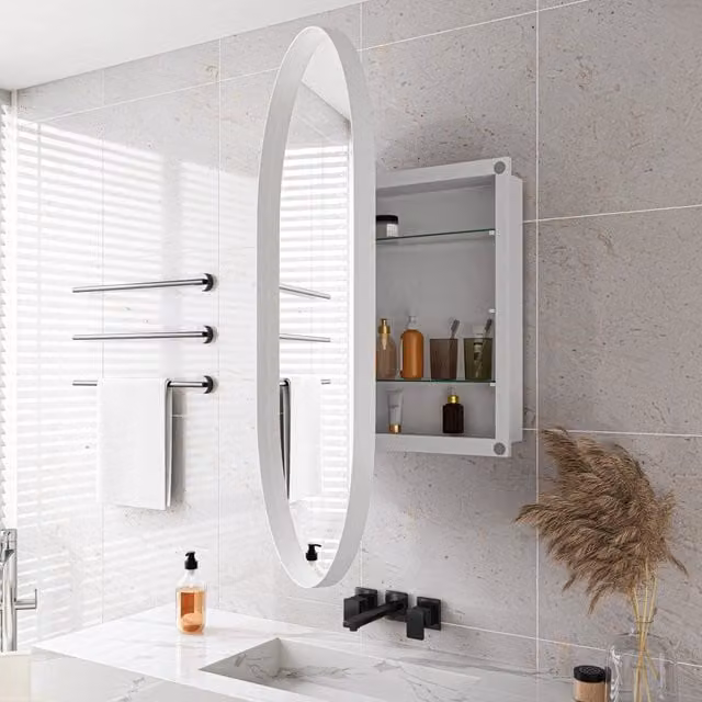 Armadio specchiera ovale da parete WISHDOR in metallo e vetro bianco per bagno, camera o soggiorno