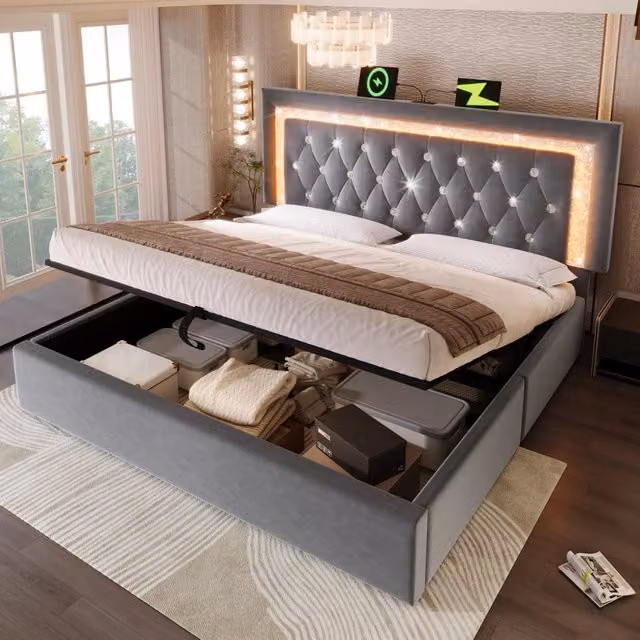 Letto Contenitore REDOM in Velluto Grigio con LED e Porte USB/USB-C L/P: 160 x 200 cm
