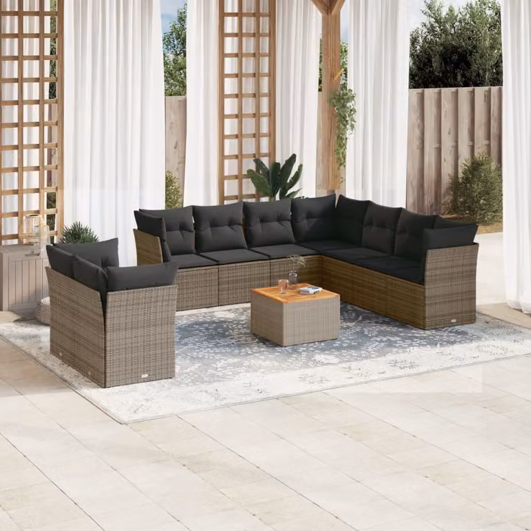 vidaXL Set Divano da Giardino 10 pz a Forma a L in Polyrattan Grigio con Cuscini e Tavolino da Caffè