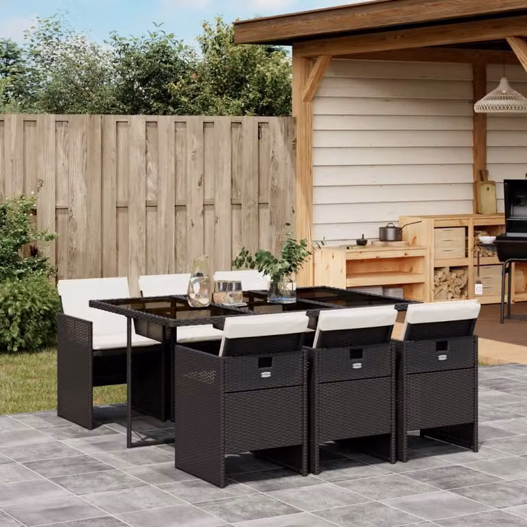 Set da Pranzo da Giardino vidaXL 7 pz in Polyrattan Nero con Piano in Vetro e Cuscini