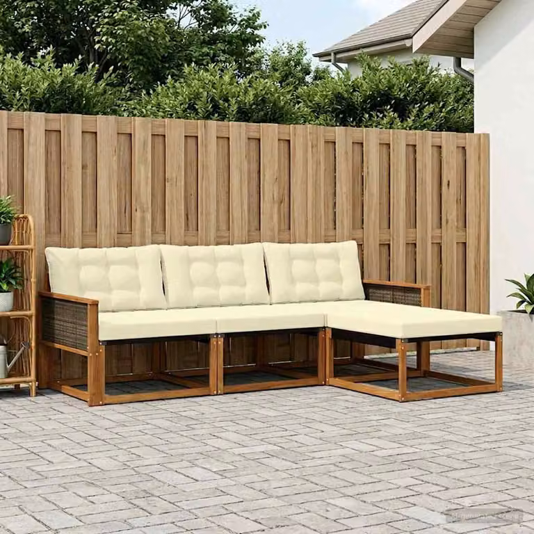 Set di divani da esterno vidaXL a forma di L con pouf, struttura in legno di acacia e cuscini beige e crema