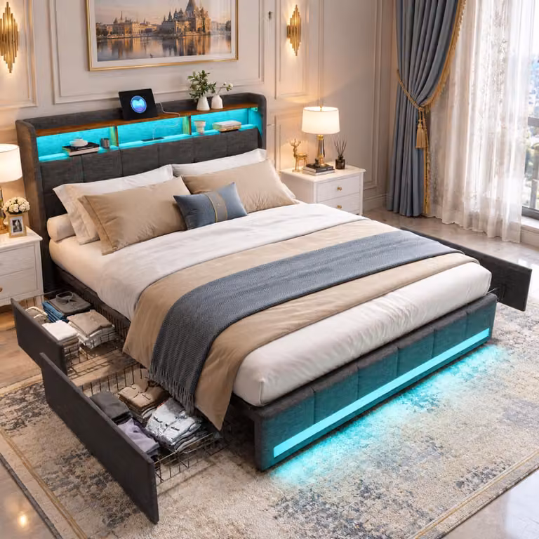 Letto imbottito INONEFT, 180x200 cm, con 4 cassetti, letto per ragazzi/coppie con LED e USB/Type-C, struttura letto con contenitore e rete a doghe, tessuto in lino, colore grigio