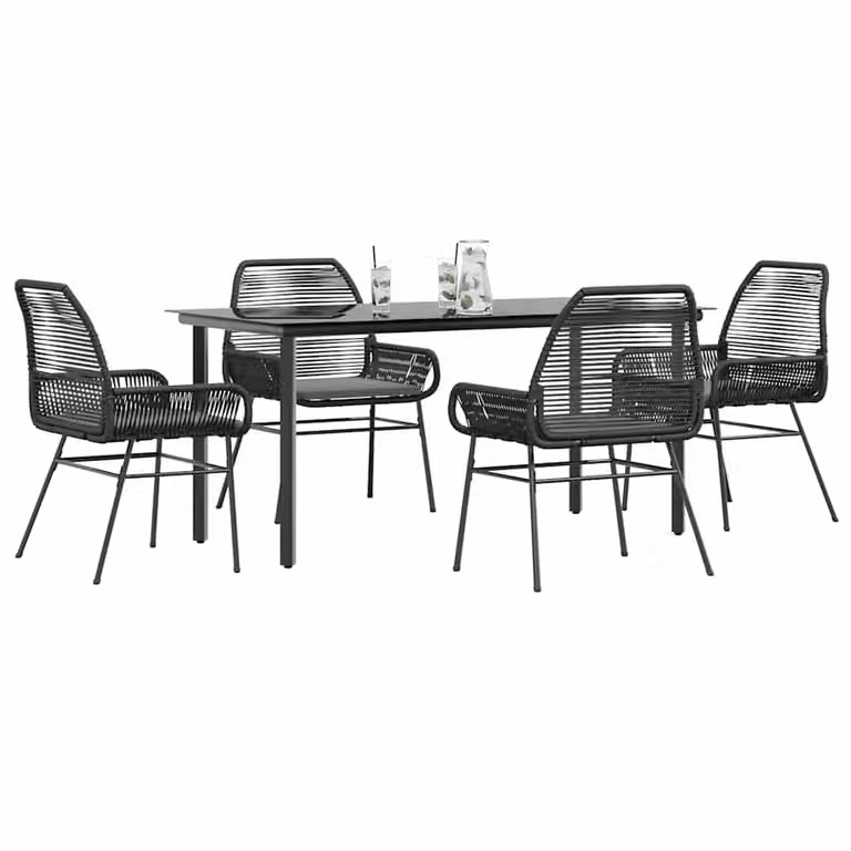 Set da pranzo da giardino vidaXL in polyrattan con tavolo in vetro e 5 cuscini, grigio e nero