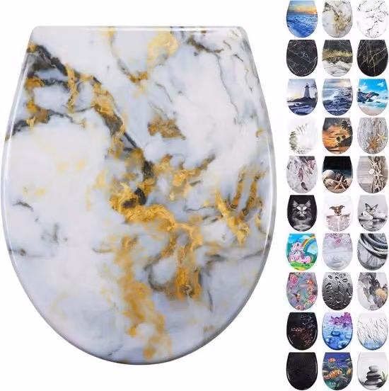 Bracciale per WC in Duroplast con Softclose e Chiusura rapida - a forma di O in Marmo dorato