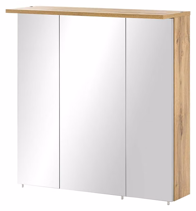Specchio a muro con 3 ante, finitura effetto legno di quercia, dimensioni 70,5 x 16 x 72,3 cm, con illuminazione a LED