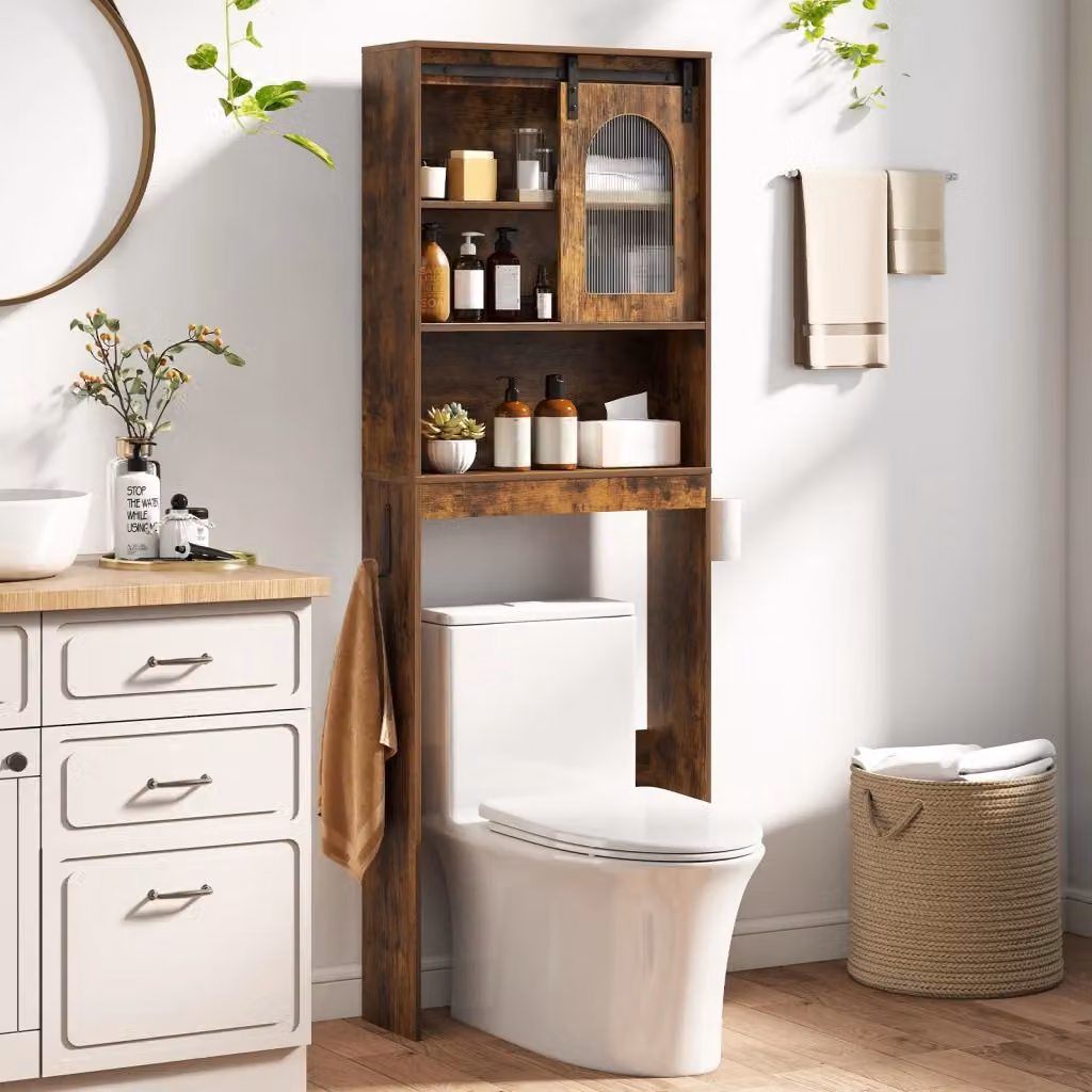 Armadietto da bagno rustico marrone con porta scorrevole e mensole aperte, L: 60 cm, P: 20 cm, H: 170 cm – 2