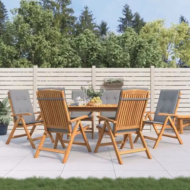 Set di 6 sedie pieghevoli reclinabili vidaXL in legno di teak con cuscini grigi per giardino
