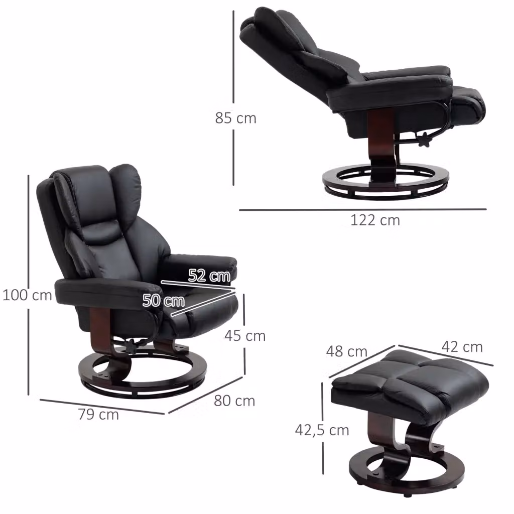 Poltrona relax girevole WISHDOR con sgabello coordinato, reclinabile, rivestimento in similpelle nera opaca – 2