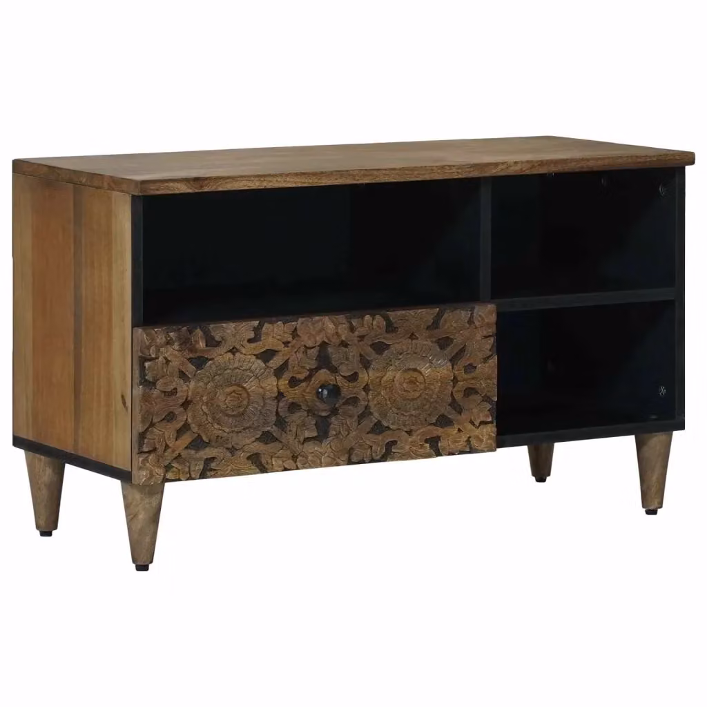 Mobile TV moderno in legno di mango massello marrone con compartimenti media L: 80 cm, P: 33,5 cm, H: 46 cm – 2