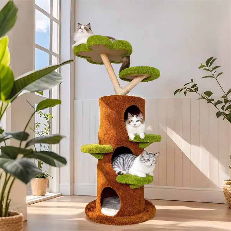 WISFOR tiragraffi in legno, albero per gatti con grotta per gatti, piattaforme, 148 cm tiragraffi per gatti con piattaforma di osservazione, verde+marrone