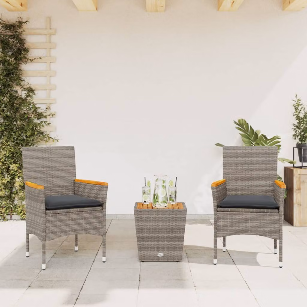 Set da Bistrò 3 pz vidaXL in Polyrattan e Legno di Acacia con Cuscini e Piano in Vetro Grigio – 1
